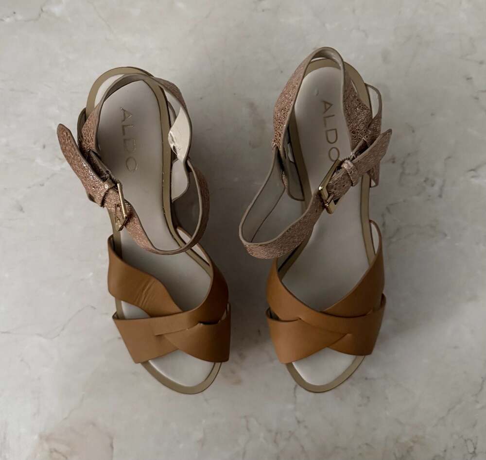 Aldo Regnano Tan and Metallic Cross-Strap Platform Wedge Sandals